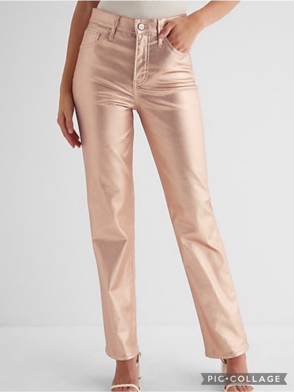Express Modern Straight High Rise Rose Gold Coated Metallic Jeans NWT 4R
